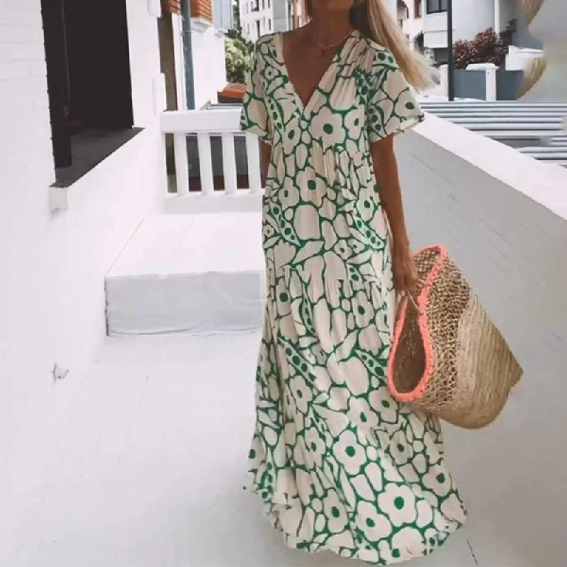 Green Short Sleeve Print Maxi Dress Fashionable Button-Down Maxi Dress
