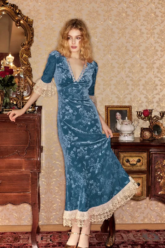 Gwyneth Lace Velvet Maxi Dress in Blue Comfortable Casual Maxi Dress