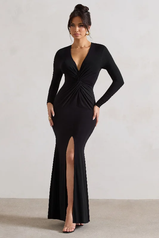 Tianna | Black Plunge-Neck Twisted Split Maxi Dress Comfortable Satin Maxi Dress