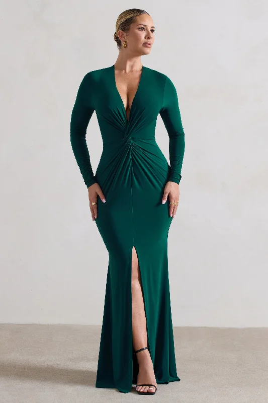 Tianna | Bottle Green Plunge-Neck Twisted Split Maxi Dress Trendy Off-Shoulder Ruffle Maxi Dress