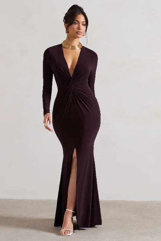 Tianna | Dark Plum Plunge-Neck Twisted Split Maxi Dress Fashionable High-Low Maxi Dress