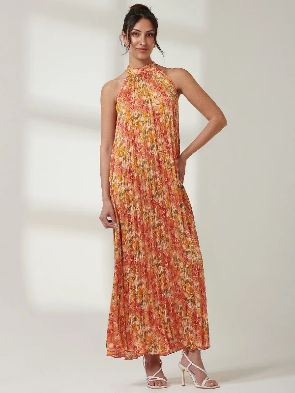 Halter Neck Pleated Maxi Dress, Orange Multi Stylish Longline Maxi Dress