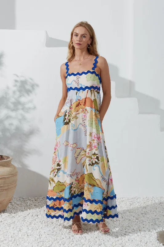 Hawaii Blue Tropical Ric Rac Maxi Dress Classic Black Maxi Dress