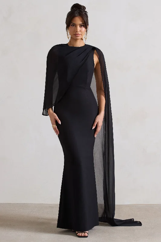 Haze | Black High-Neck Maxi Dress With Chiffon Cape Stylish Button-Up Maxi Dress