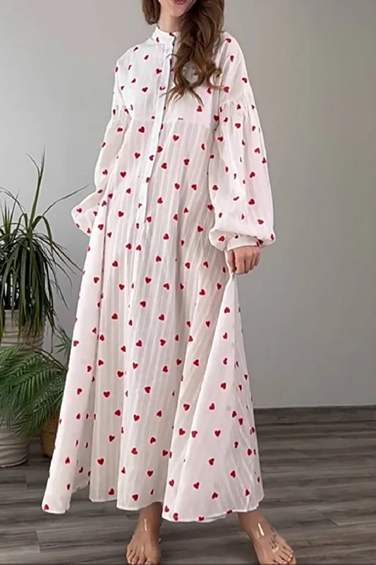 Heart Print Buttoned Maxi Dress Stylish Maxi Dress with Pleats