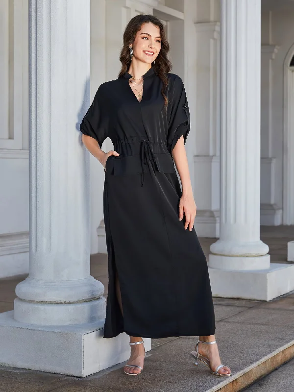 High Slit Roll-tab Sleeve Notched Neck Maxi Dress Trendy Fit-and-Flare Maxi Dress