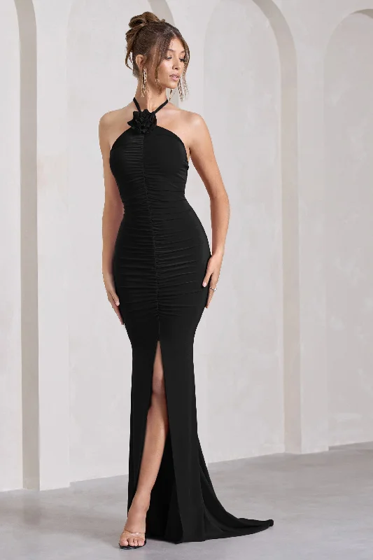 Holly | Black Ruched Halter-Neck Split Fishtail Maxi Dress Comfortable Maxi Dress with Slits