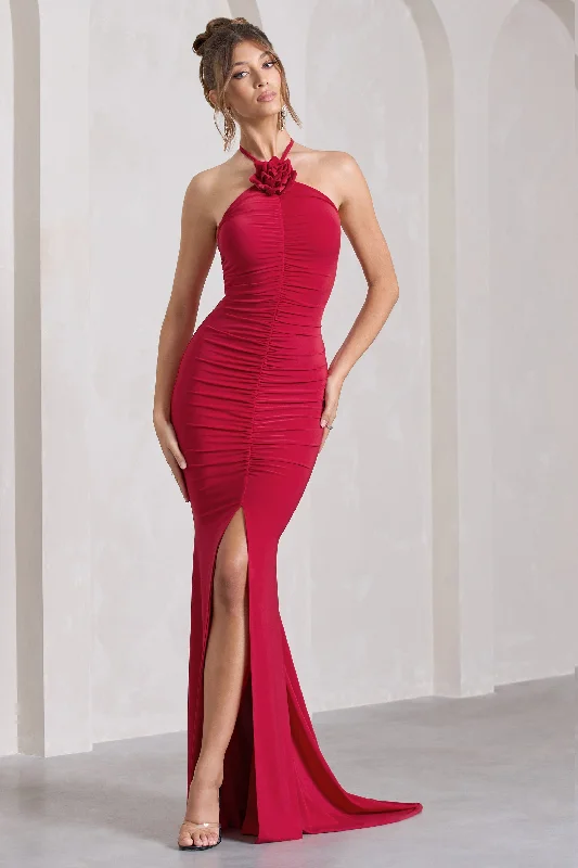 Holly | Red Ruched Halter-Neck Split Fishtail Maxi Dress Comfortable Plunging Neckline Maxi Dress