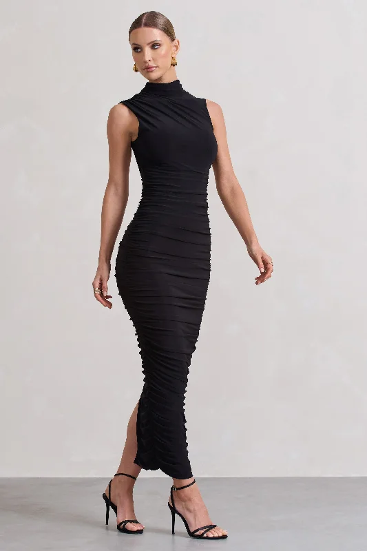 Jaded | Black Bodycon Ruched High-Neck Open-Back Maxi Dress Comfortable T-Shirt Maxi Dress