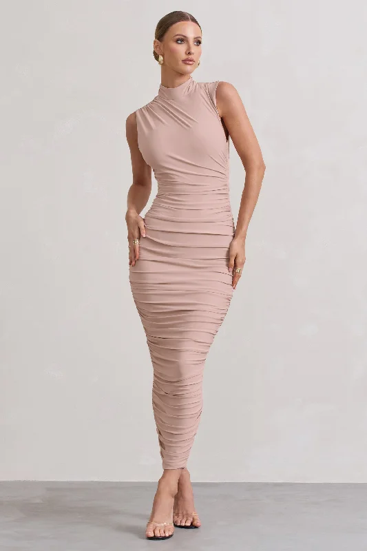 Jaded | Champagne Bodycon Ruched High-Neck Open-Back Maxi Dress Chic Sleeveless Maxi Dress