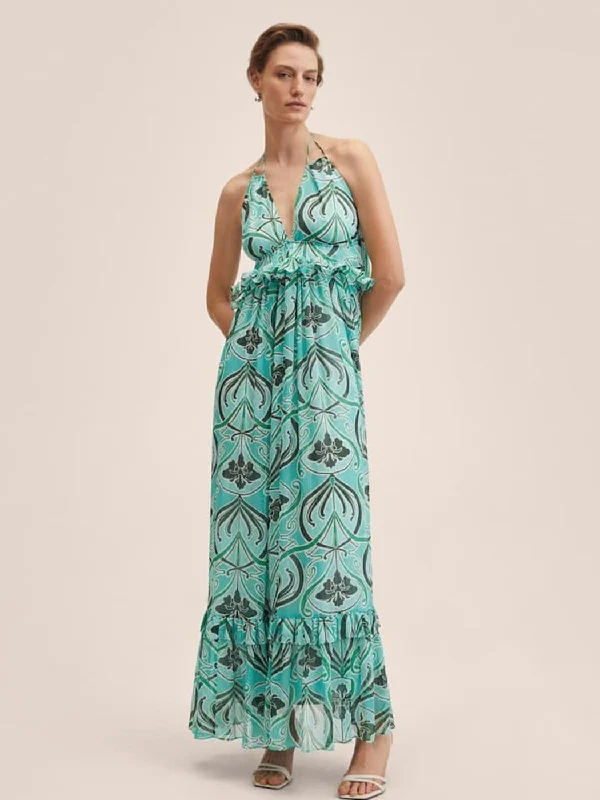 Sexy Backless Beach Summer Dress Women Bohemian Floral Print Deep V Neck Neck-mounted Lady Vacation Maxi Dresses Fashionable Off-Shoulder Maxi Dress