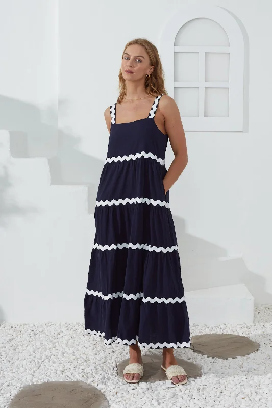 Kalliope Navy White Ric Rac Tiered Maxi Dress Cozy Ruffle Sleeve Maxi Dress