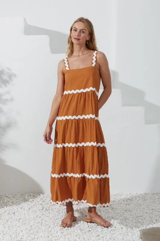 Kalliope Tan White Ric Rac Tiered Maxi Dress Elegant Tiered Maxi Dress