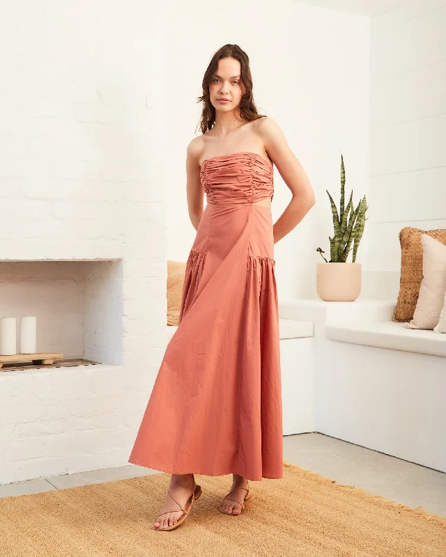 Kinley Brick Ruched Maxi Dress Stylish Pleated A-Line Maxi Dress