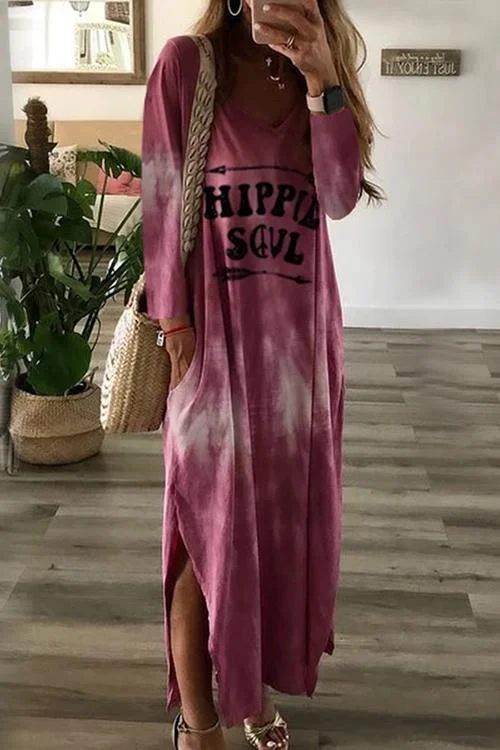 Letter Side Slit Long Sleeve Maxi Dress Comfortable Bohemian Maxi Dress