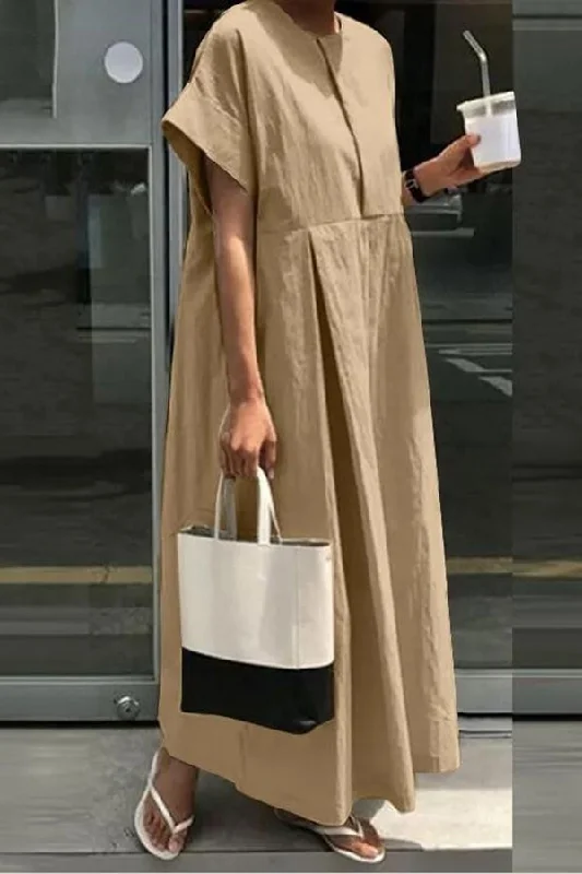 Linen Blend Loose Crew Neck Casual Maxi Dress Comfortable T-Shirt Maxi Dress