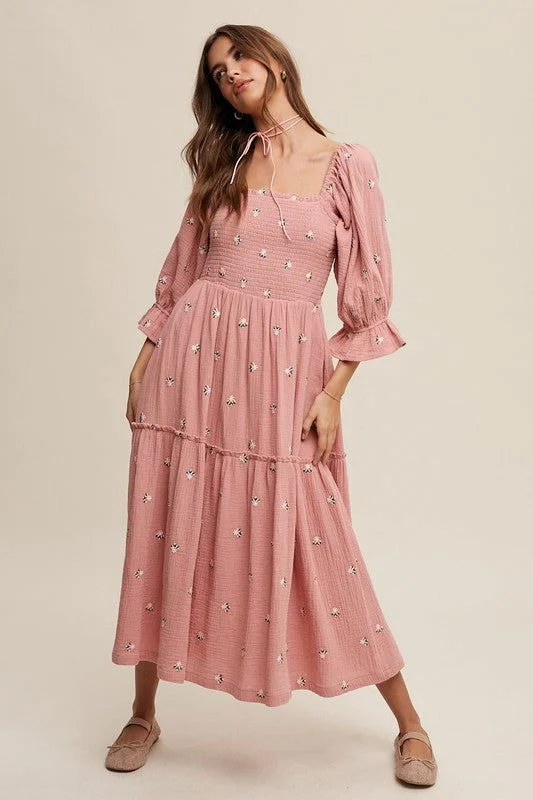 Listicle Ditzy Floral Embroidery Puff Sleeve Maxi Dress Fashionable Sleeveless Maxi Dress