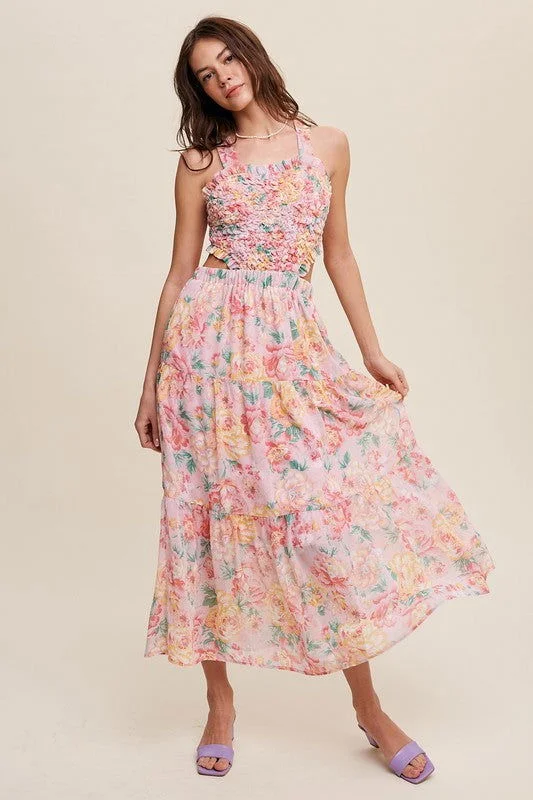 Listicle Floral Bubble Textured Two-Piece Style Maxi Dress Fashionable Asymmetrical Maxi Dress