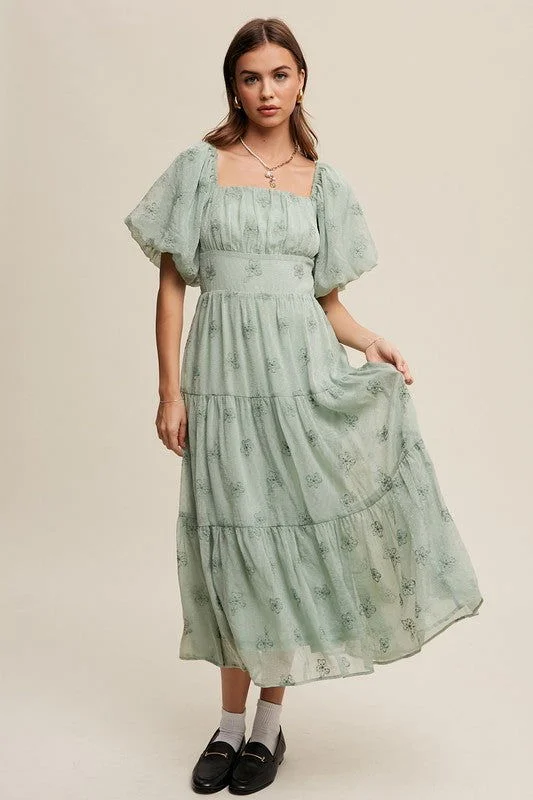 Listicle Flower Embroidered Puff Sleeve Tiered Maxi Dress Comfortable Maxi Dress with Slits