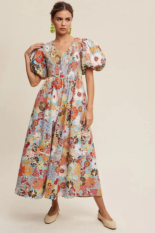 Listicle Flower Print Smocked V-neck Puff Sleeve Maxi Dress Trendy Printed Maxi Dress