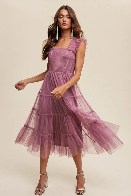 Listicle Smocked Ruffle Tiered Mesh Midi Maxi Dress Trendy Maxi Dress with Lace