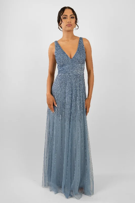 Lorelai Dusty Blue Embellished Maxi Dress Fashionable Maxi Dress with Fringe