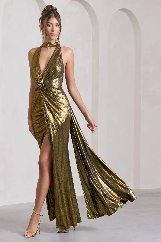 Lost | Gold Metallic Halter-Neck Cut-Out Split Maxi Dress With Drape Trendy Floral Print Maxi Dress