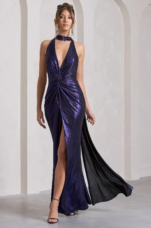 Lost | Purple Metallic Halter-Neck Cut-Out Split Maxi Dress With Drape Comfortable T-Shirt Maxi Dress