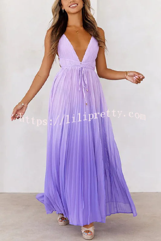 Love Letter To You Pleated Gradient Print Back Tie-up Slit Maxi Dress Stylish A-Line Maxi Dress