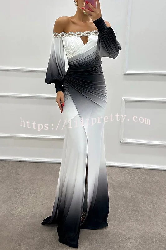 Julieta Gradient Print Boat Neck Off Shoulder Gem Detail Slit Gown Maxi Dress Stylish Longline Maxi Dress