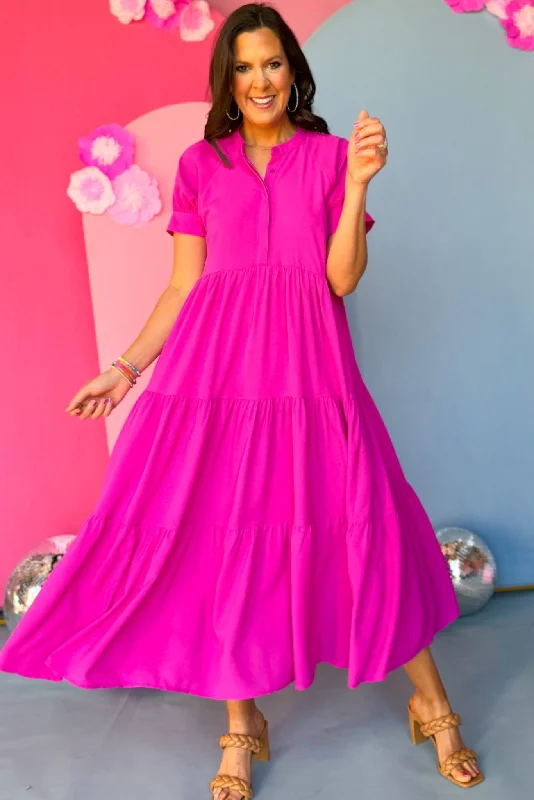 Magenta Button Front Tiered Short Sleeve Maxi Dress Stylish One-Shoulder Maxi Dress
