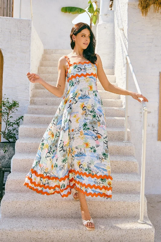 Malibu Orange Blue Tropical Ric Rac Tiered Maxi Dress Comfortable T-Shirt Maxi Dress