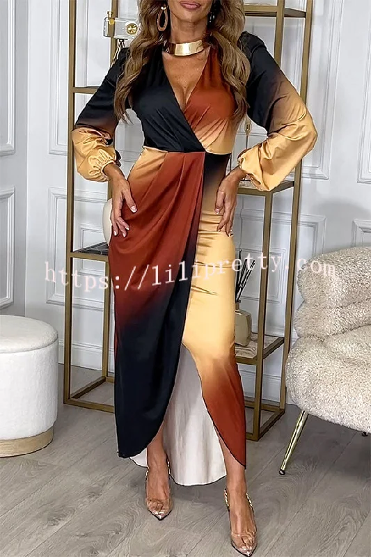 Romantic Sunset Gradient Print Ruched Balloon Sleeve Slit Maxi Dress Chic Boho Print Maxi Dress