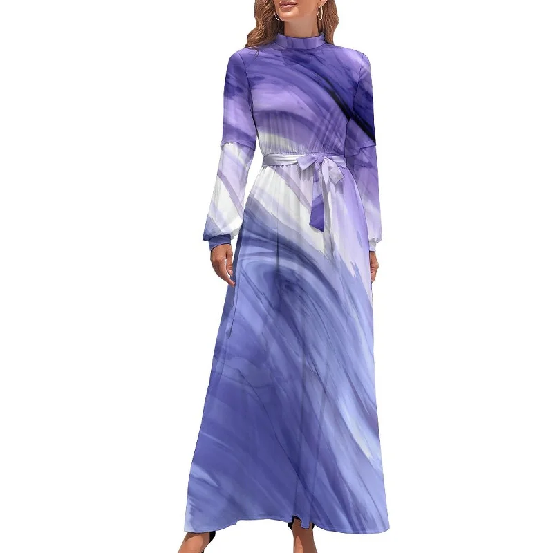 Marble Print Dress Watercolor Flow Abstract Aesthetic Bohemia Dresses Female Long Sleeve High Neck Sexy Long Maxi Dress Stylish V-Neck Maxi Dress