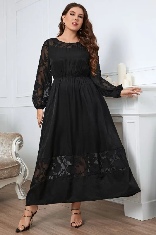 Melo Apparel Plus Size Embroidery Round Neck Long Sleeve Maxi Dress Chic Sleeveless Maxi Dress