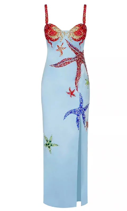 Mermaid On Land <bR><span>Blue Sequin Star Pattern Sleeveless Spaghetti Strap Sweetheart Neck Side Slit Maxi Dress</span> Trendy Ruffled Maxi Dress