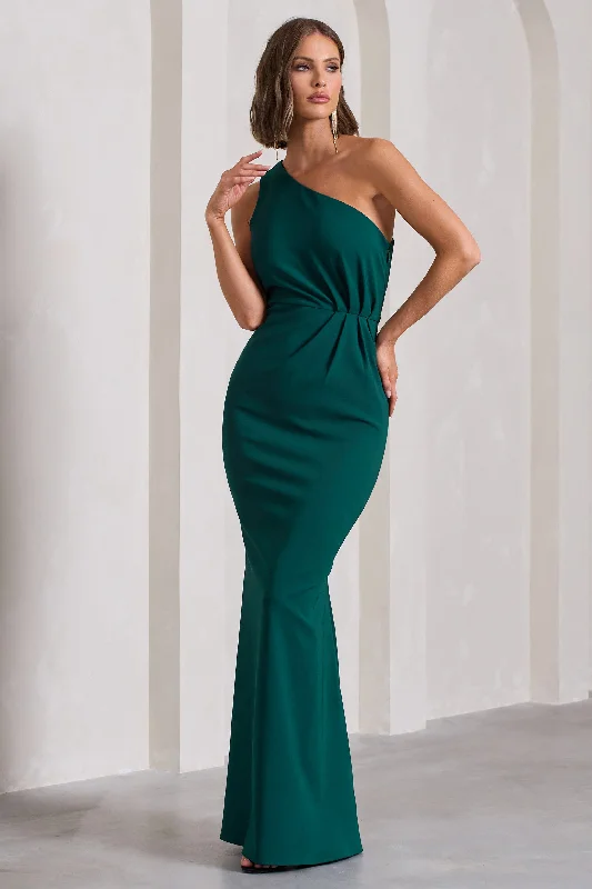 Michelle | Bottle Green One-Shoulder Gathered Maxi Dress Cozy Ruffle Sleeve Maxi Dress