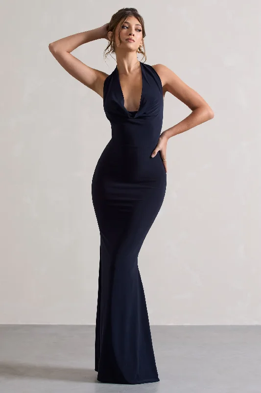 Milani | Navy Backless Cowl Neck Fishtail Maxi Dress Fashionable Faux Wrap Maxi Dress