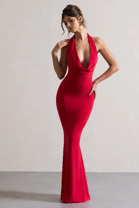 Milani | Red Backless Cowl Neck Fishtail Maxi Dress Trendy Maxi Dress with Belt