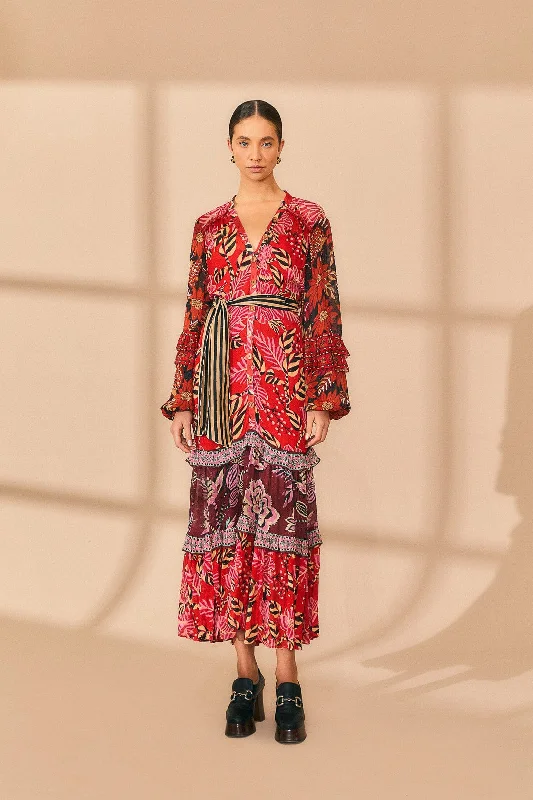 Mixed Floral Prints Long Sleeve Maxi Dress Fashionable Chiffon Tiered Maxi Dress