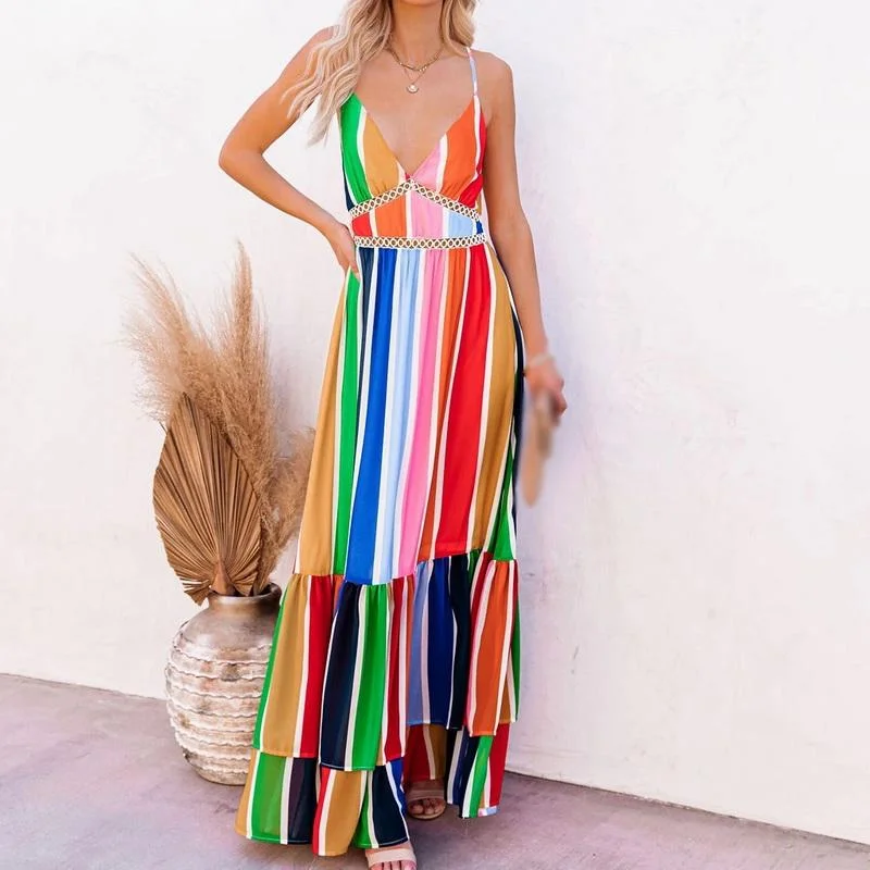 Multi Rainbow Print Maxi Dress Elegant Maxi Dress with Pockets
