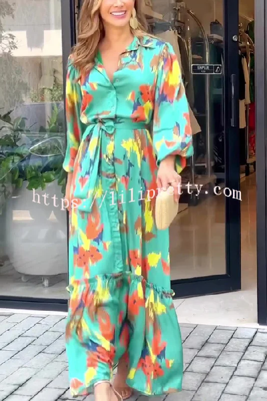 Multicolor Printed Lapel Balloon Sleeves Tie-waist Maxi Dress Elegant Tiered Maxi Dress