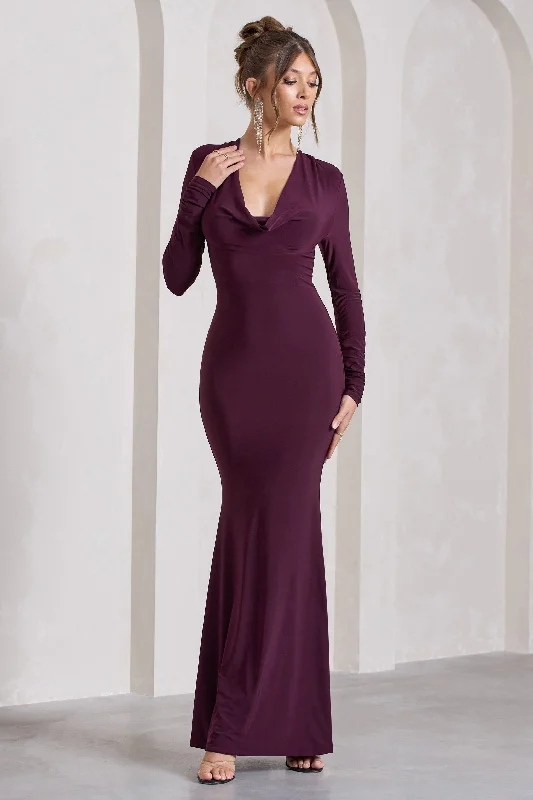 My Attention | Plum Plunge Cowl-Neck Long-Sleeve Maxi Dress Cozy Spaghetti Strap Maxi Dress