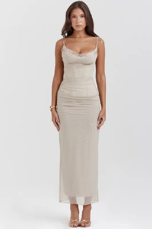 Nalini Sand Maxi Dress Comfortable Fitted Maxi Dress