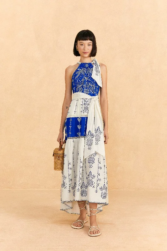 Navy Blue Embroidered Jungle Scarf Maxi Dress Trendy Maxi Dress with Belt