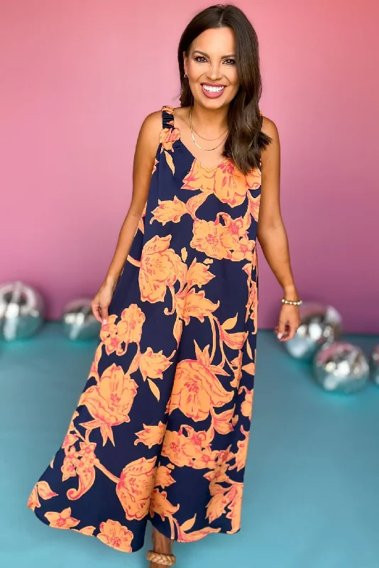 Navy Floral Print Side Slit Maxi Dress Elegant Velvet Maxi Dress