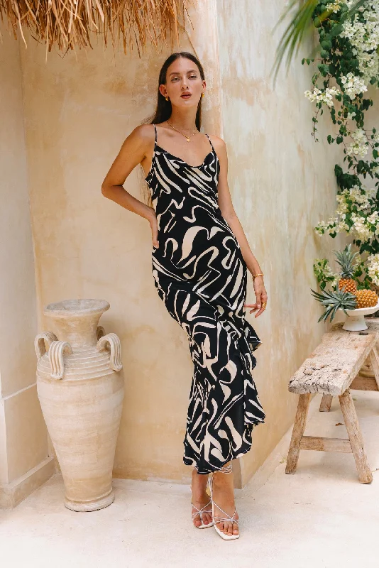 Niko Black Abstract Asymmetric Maxi Dress Cozy Wrap Maxi Dress