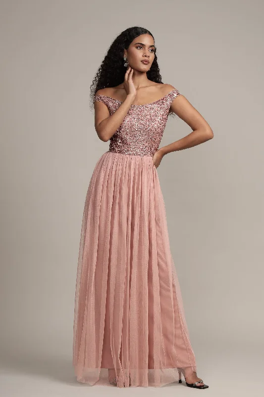 Nina Taupe Embellished Bridesmaid Maxi Dress Comfortable Ruffle Maxi Dress