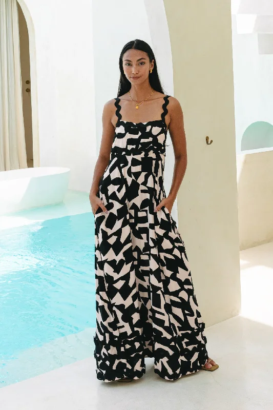 Nyx Black Abstract Geo Ric Rac Maxi Dress Stylish Boho Chic Maxi Dress