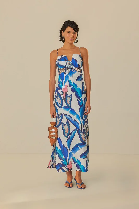 Off-White Blue Foliage Maxi Dress Trendy Maxi Dress with Belt